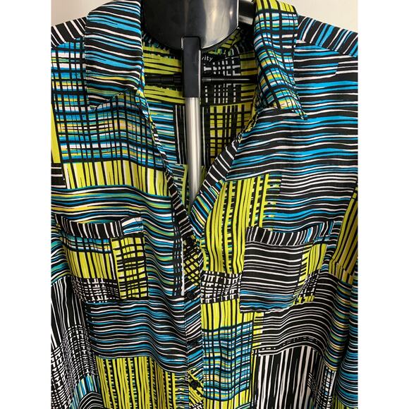 Relativity Women's Button Up Blouse Large with Roll up Sleeves Black Teal - Picture 2 of 7
